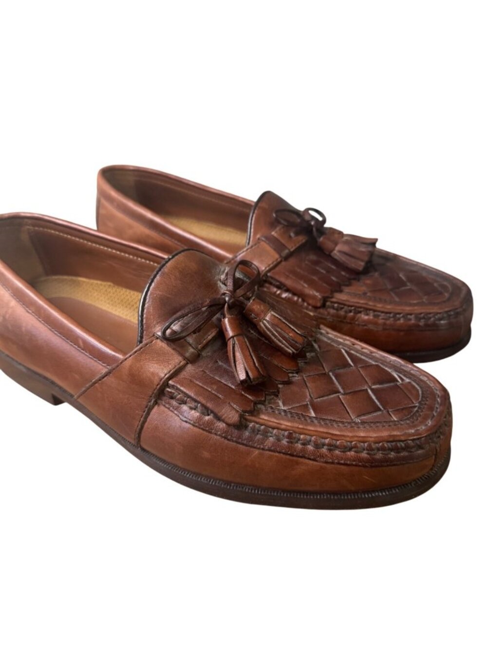 Johnston & Murphy Mens Brown Leather Tassel Woven Loafers 9.5 Wide